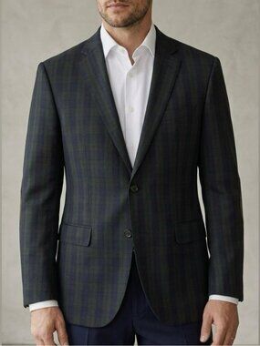 Hugo Boss Lightweight Wool Blazer Jacket Sport Coat Sz 44R Navy Blue Green Plaid